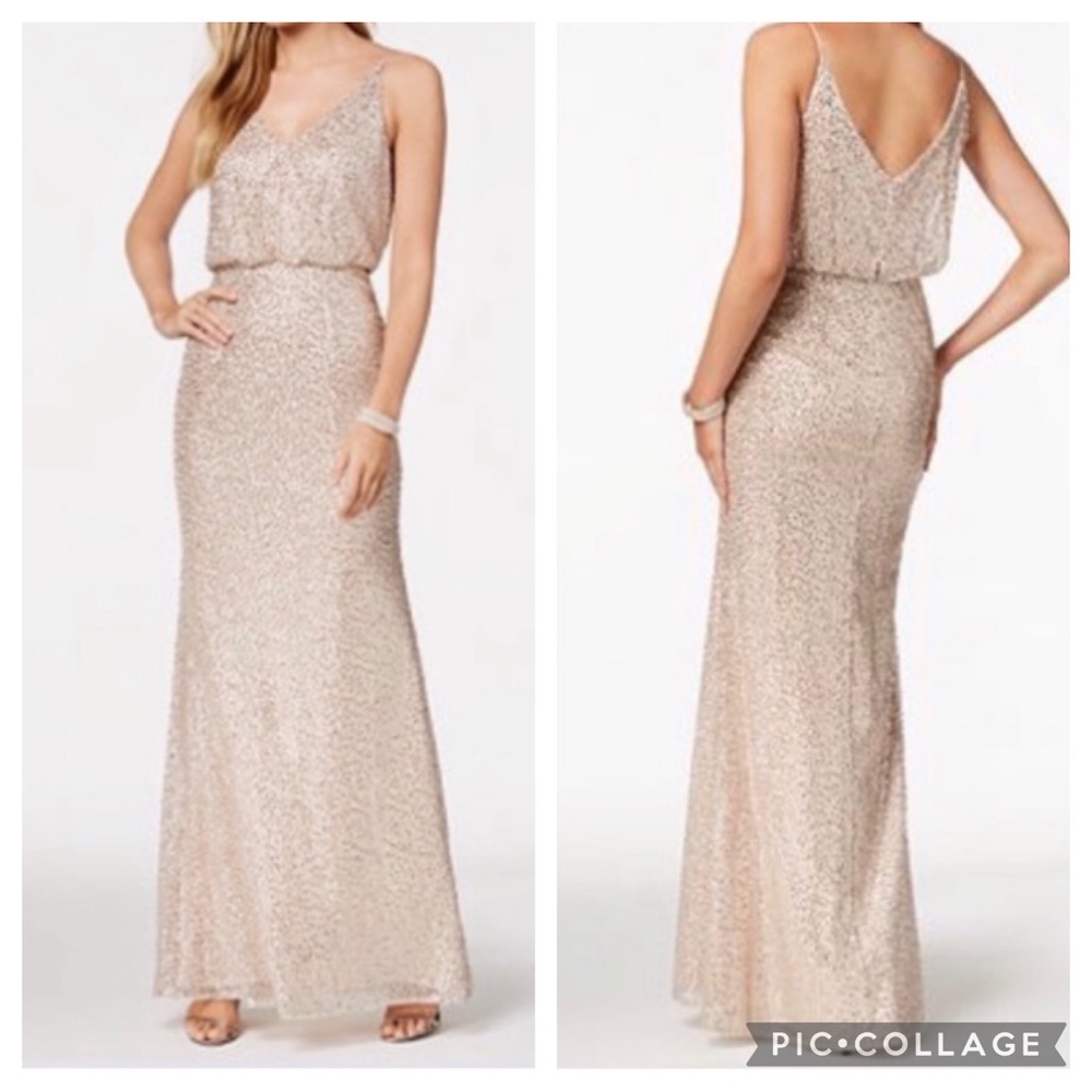 Adrianna Papell Nude Champagne Sequin Blouson Waist Gown Size 8